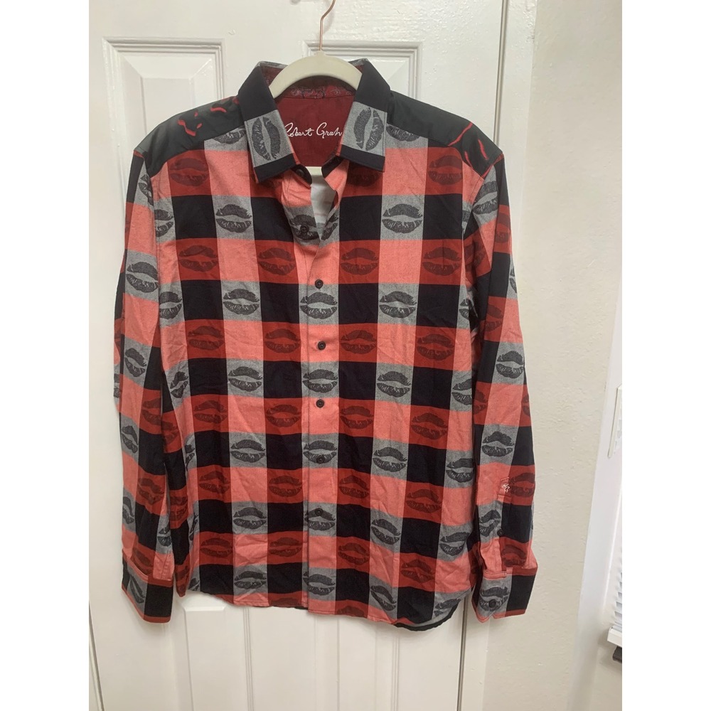 Robert Graham Mens Buffalo Plaid Lip Print Graphic Back Up Down Shirt Red L